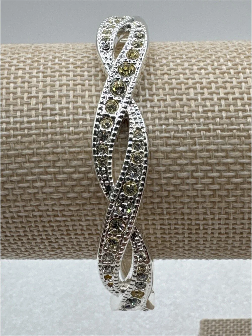 PREMIER DESIGNS Clamper Bracelet Yellow Rhinestones Twist Silver Tone Oval